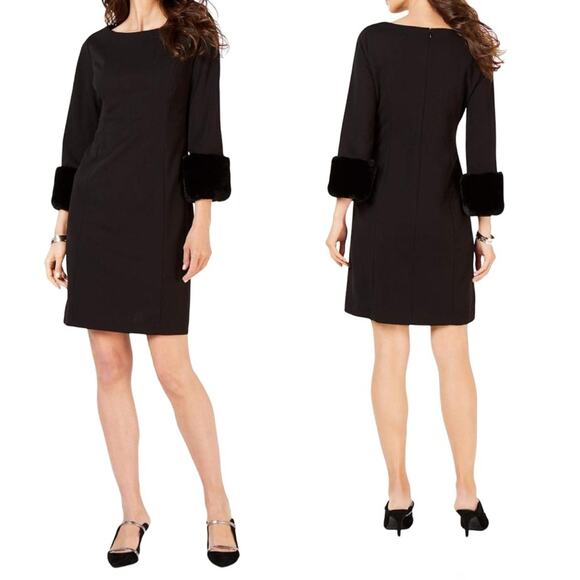 ALFANI Faux Fur Trimmed Shift Dress Black 8‎ - Picture 1 of 7
